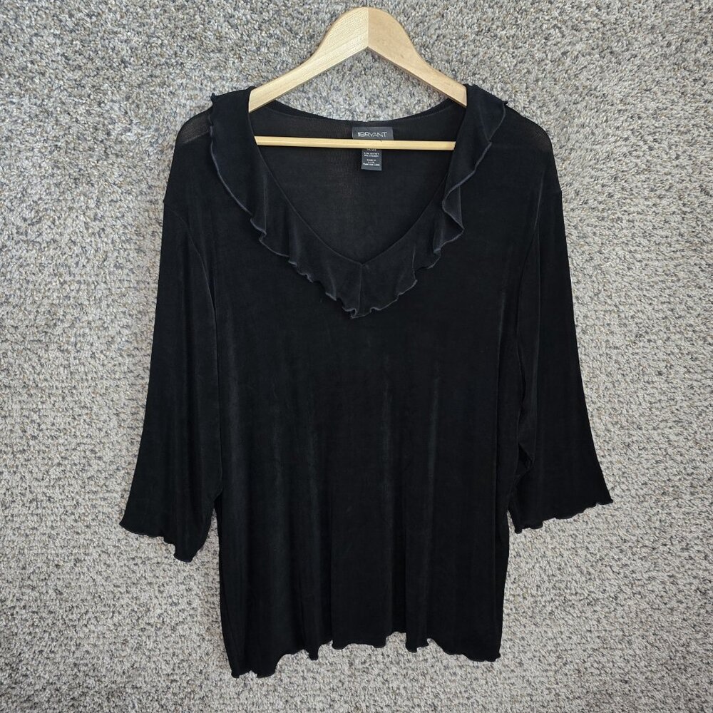 Lane Bryant Top Womens Plus‎ 18/20 Black Slinky V Neck Blouse Ruffle Stretch